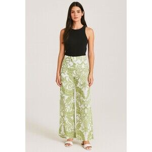 Rachel Zoe Women's Linen Blend Floral Green Leaf Print Wide Leg Pants Medium